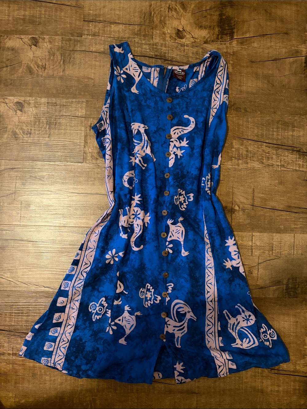 Blue Printed Button-Front Sleeveless Dress
